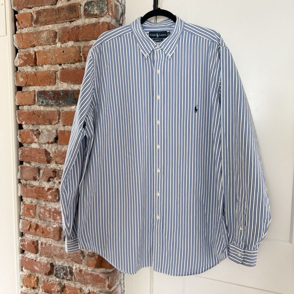 Ralph Lauren Mens XLT Tall Blue Stripe Classic Fit Button Down Shirt Long Sleeve